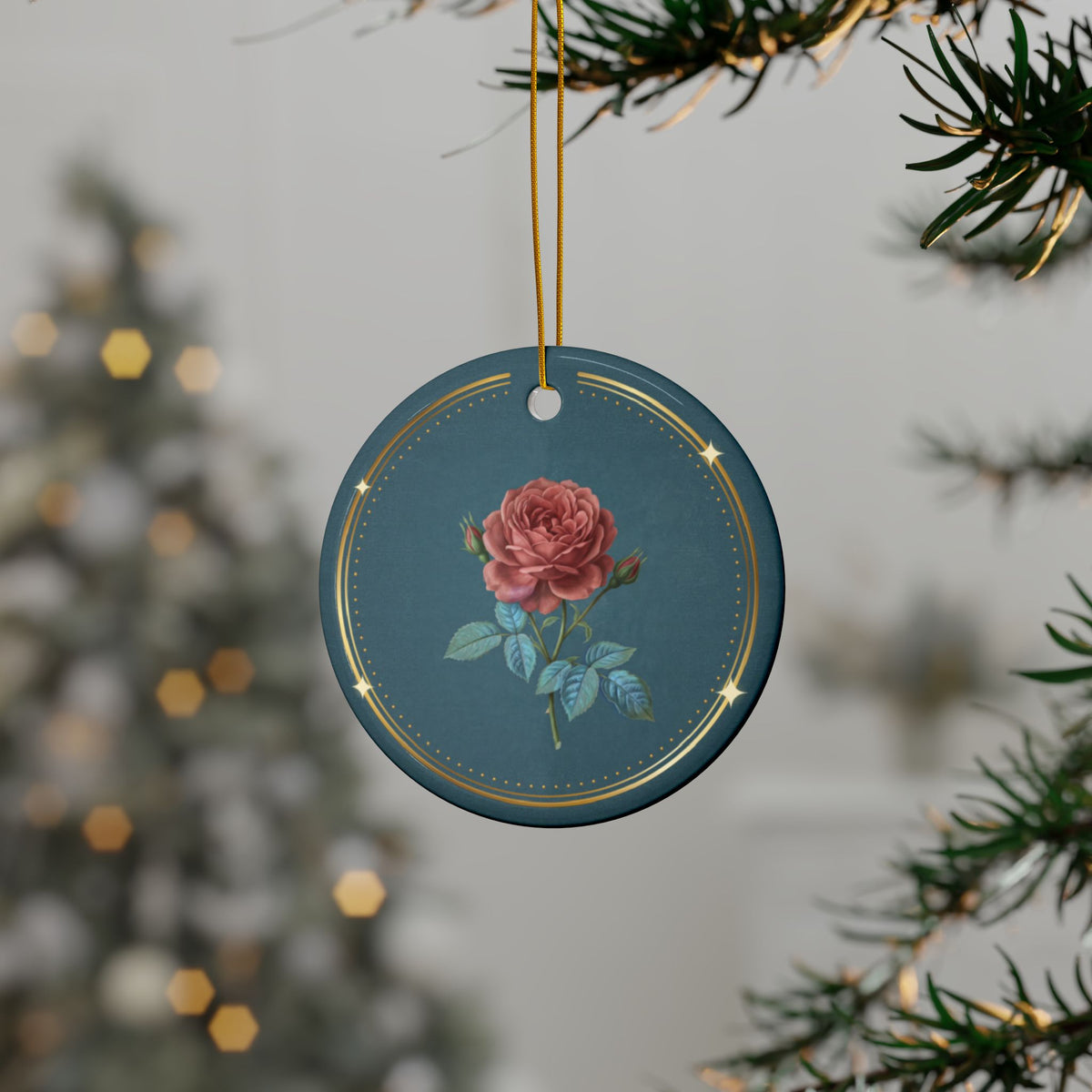 Personalized ceramic Christmas ornament with red rose, the June birth flower, view 2