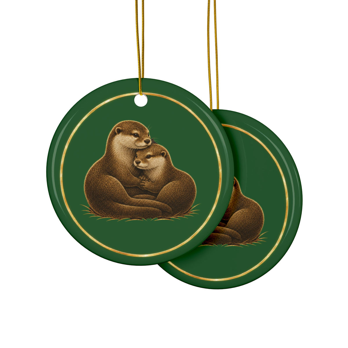 Otters Ornament, Woodland Creatures Christmas Ornament, Green and Gold Ceramic Ornament, Otter Lover Gift