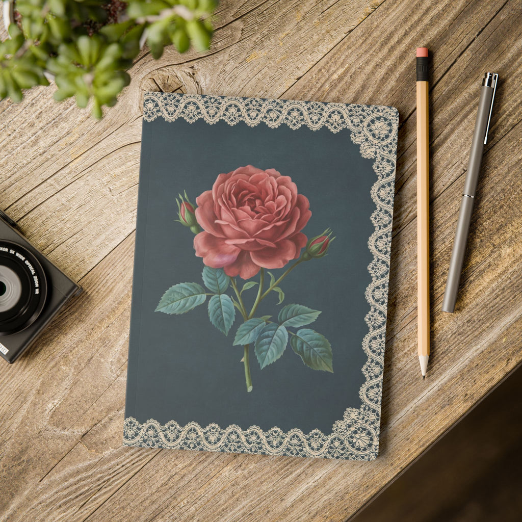 June birth flower journal with red rose oil painting art and lace border on a teal cover, view 11