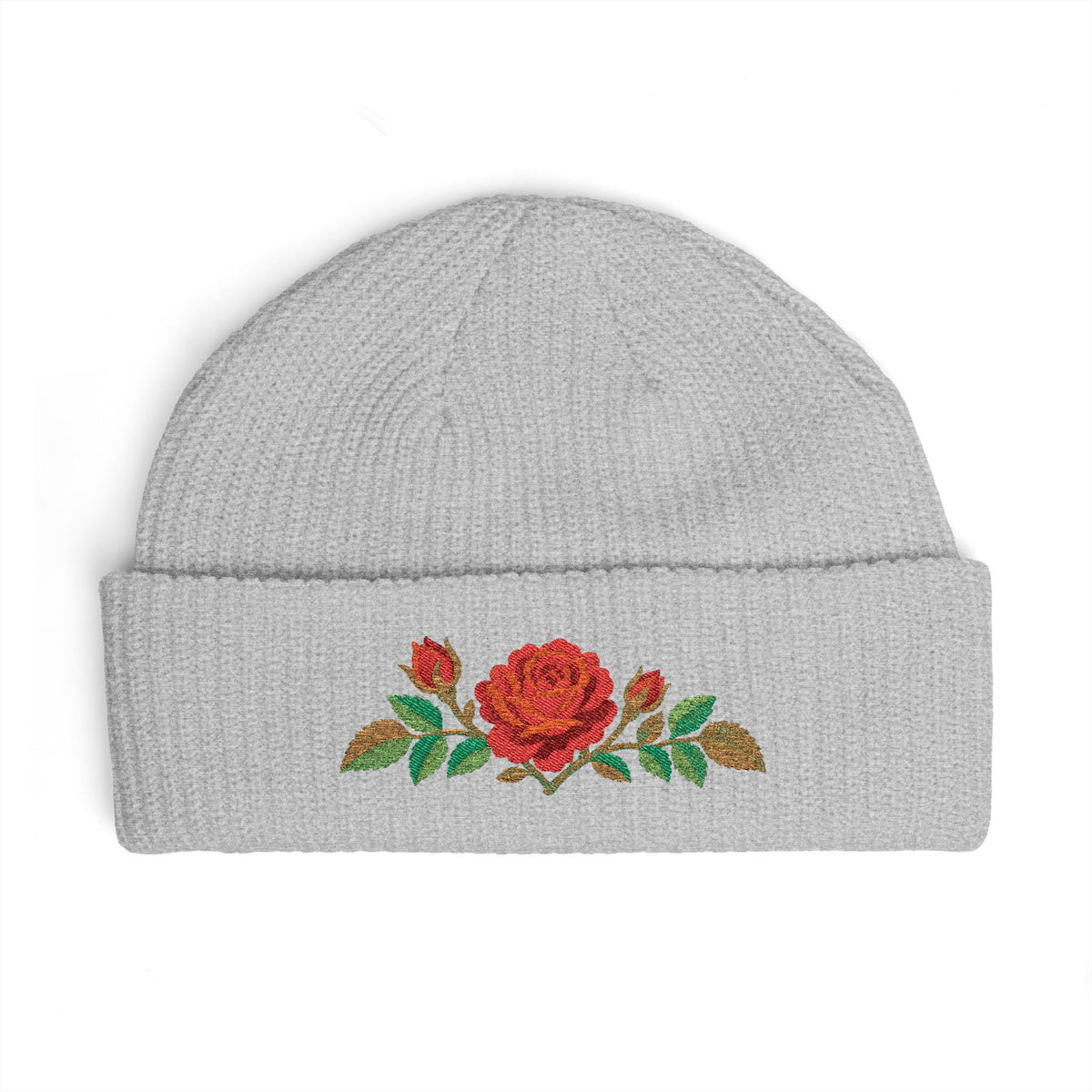 Cuffed knit beanie embroidered with the rose, June birth flower, view 4
