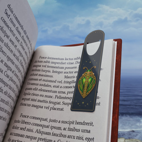 Metal bookmark with jeweled peridot beetle, the August birthstone, in vintage brooch style, view 2