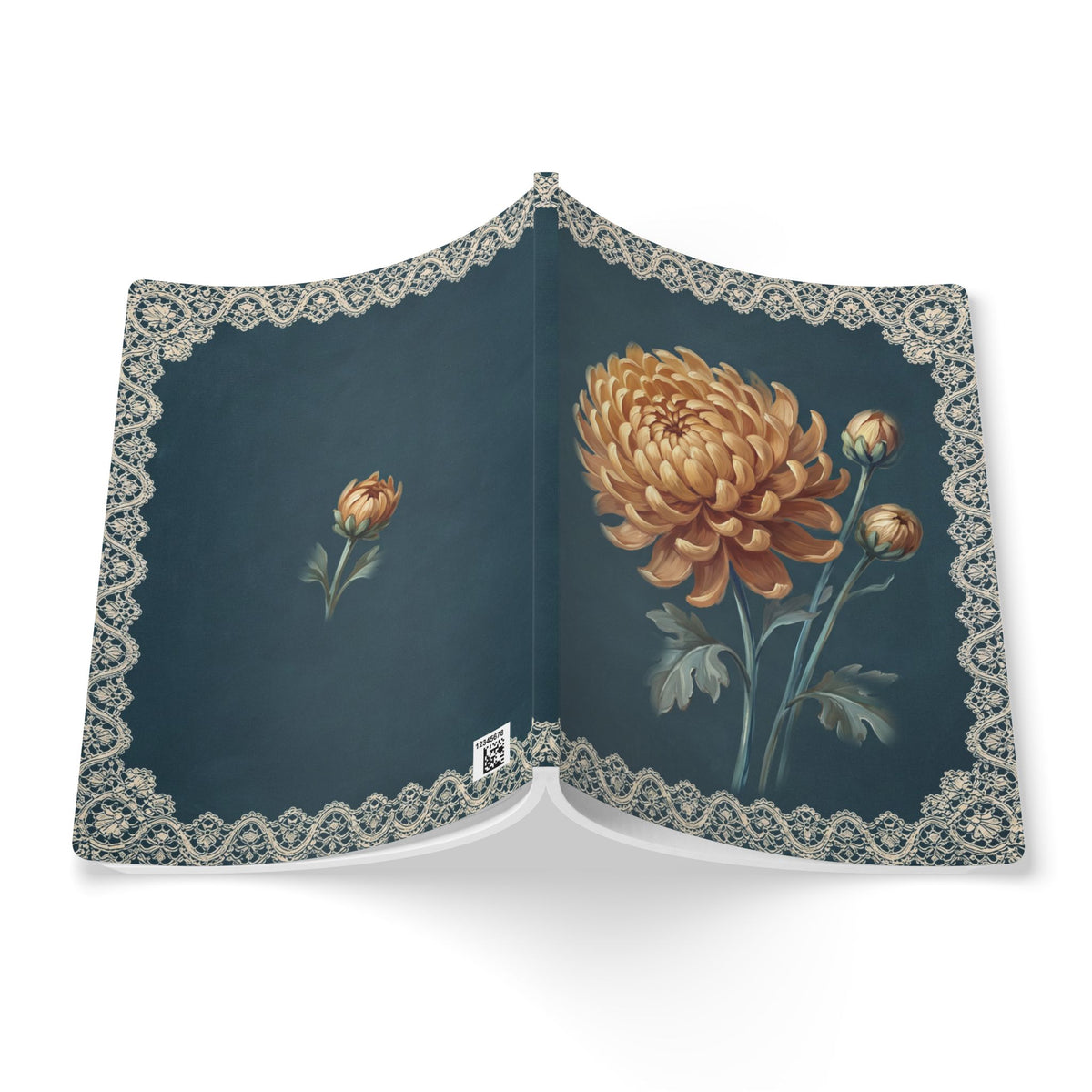 November birth flower journal with golden chrysanthemum oil painting art and lace border on a teal cover, view 8
