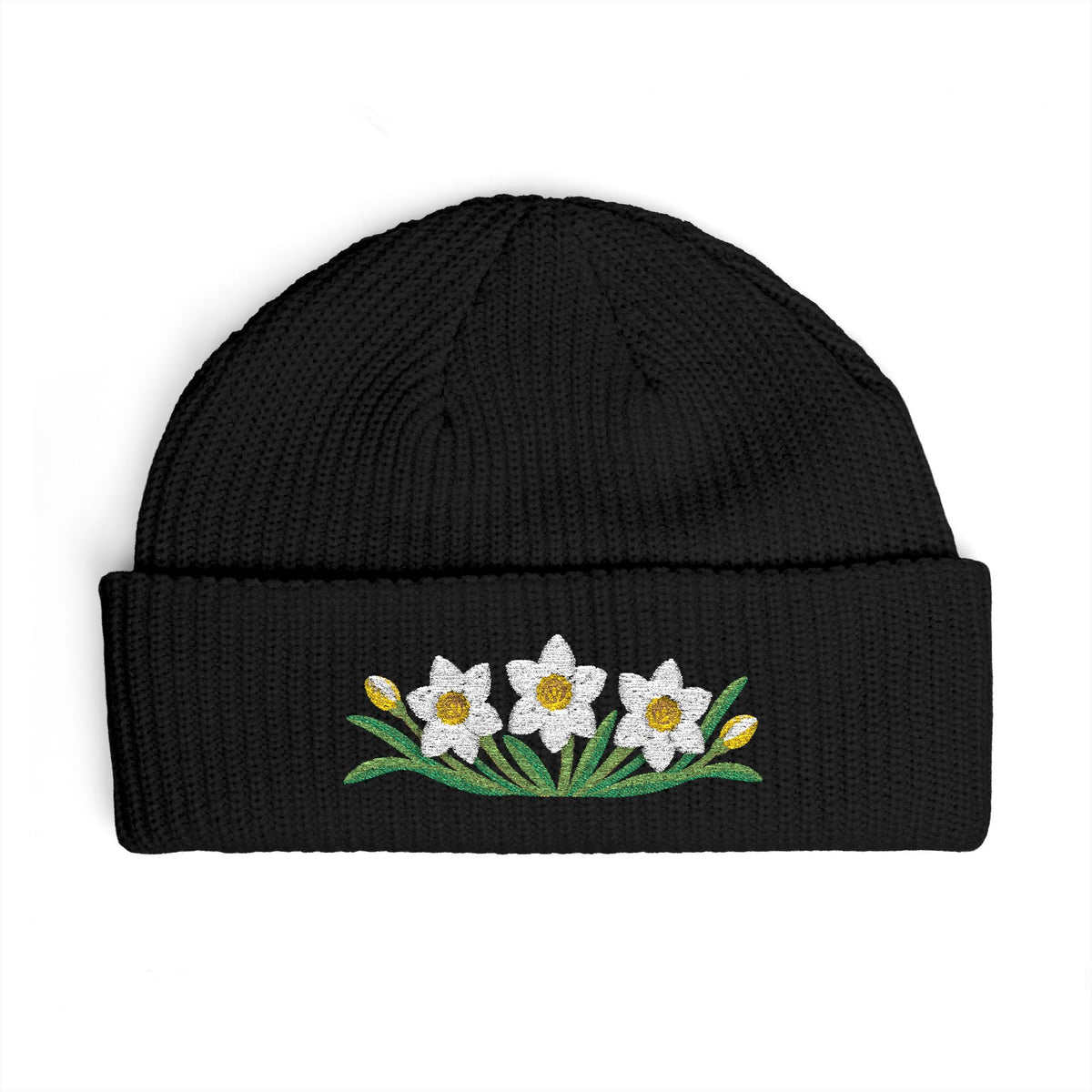 Cuffed knit beanie embroidered with the narcissus, December birth flower, view 2