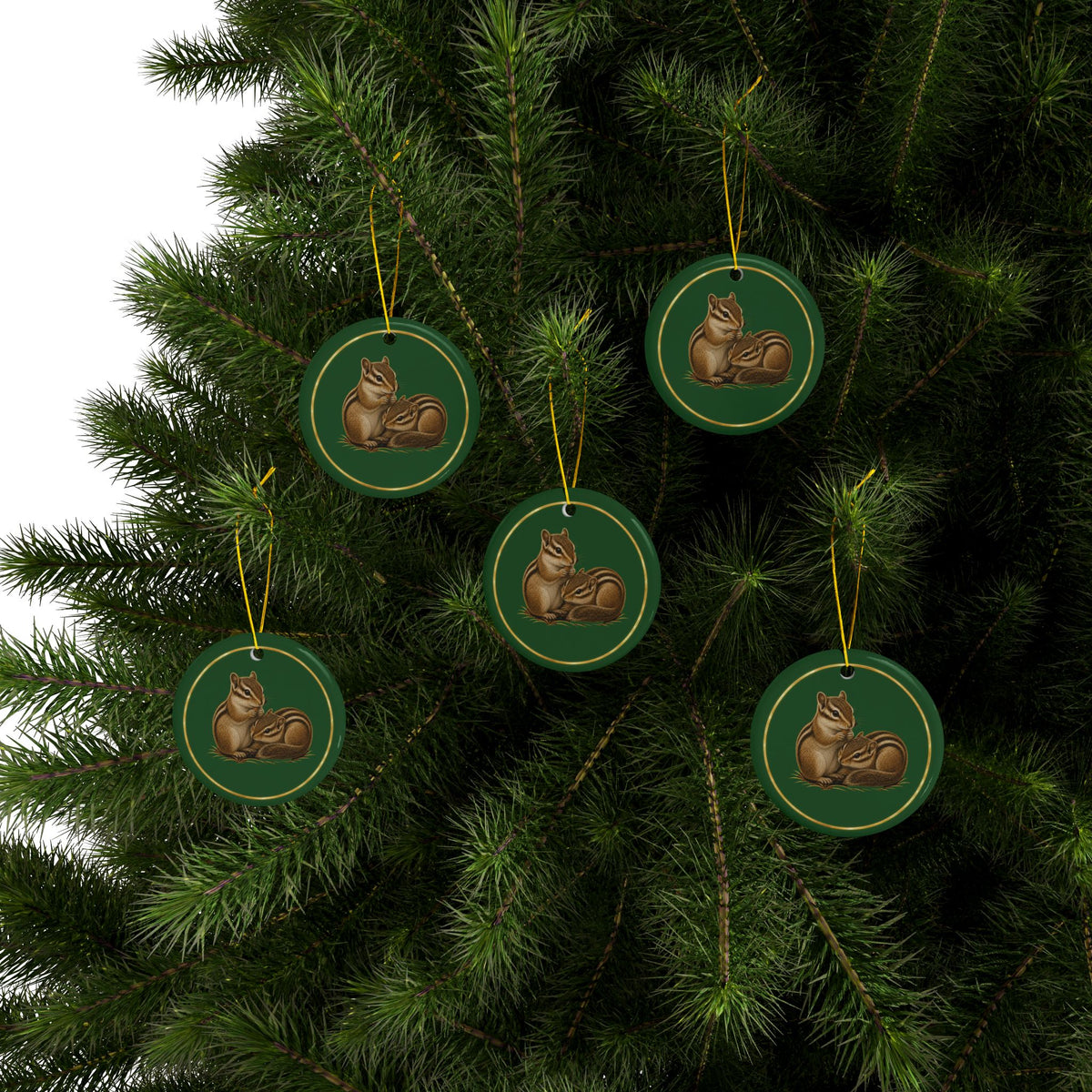 Chipmunks Ornament, Woodland Creatures Christmas Ornament, Green and Gold Ceramic Ornament, Chipmunk Gift
