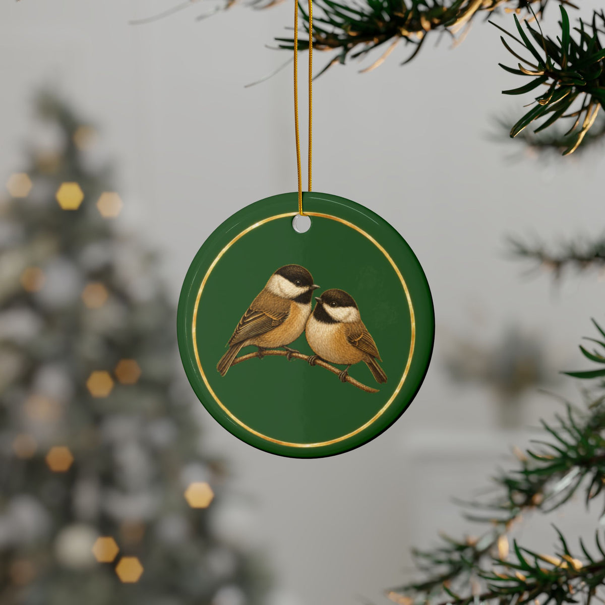 Chickadees Ornament, Woodland Creatures Christmas Ornament, Green and Gold Ceramic Ornament, Bird Gift