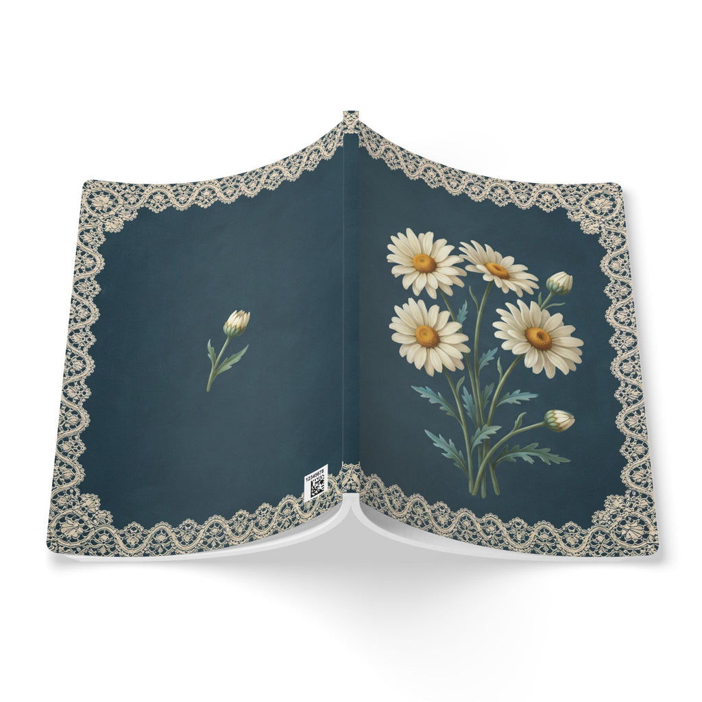 April birth flower journal with white daisy oil painting art and lace border on a teal cover, view 8