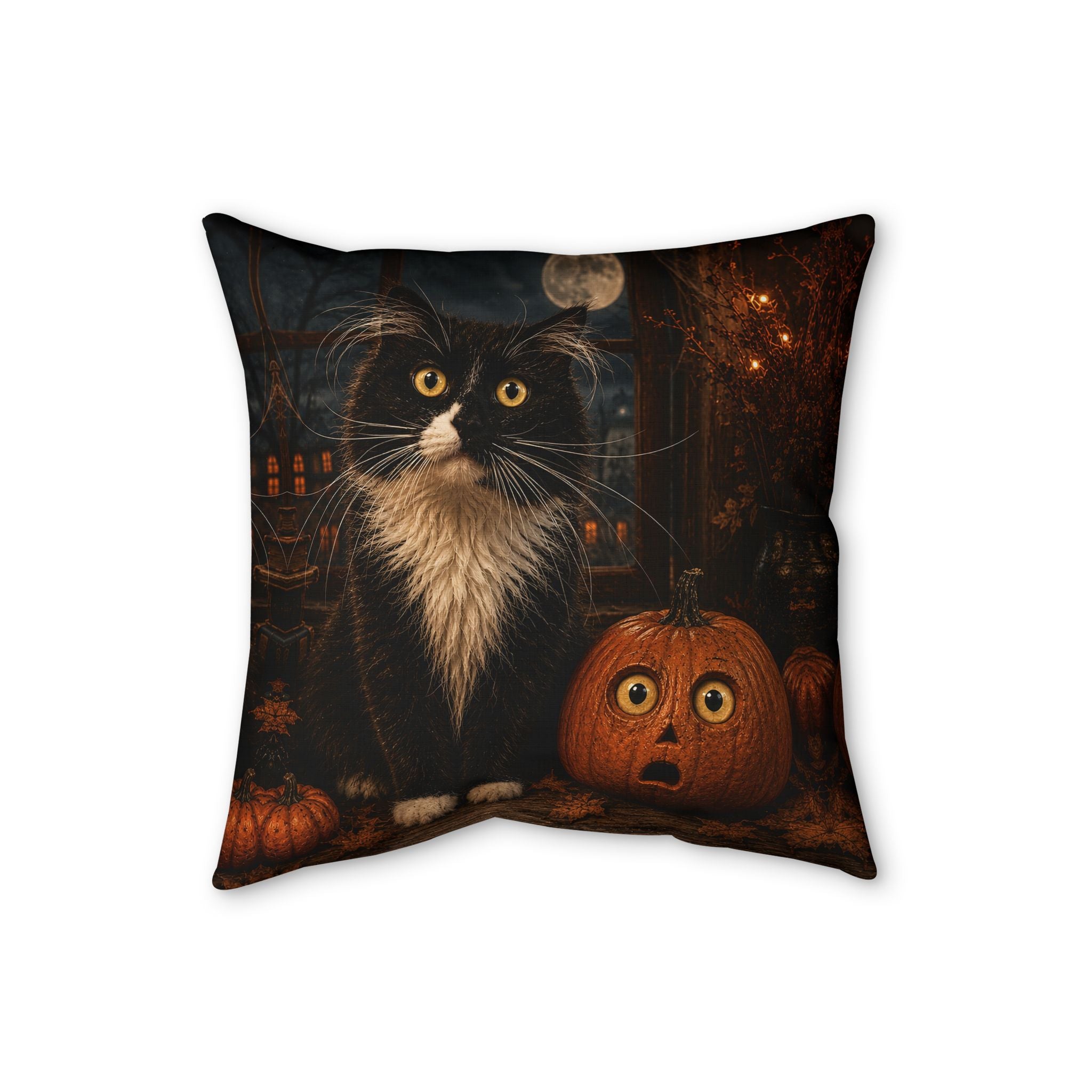 Halloween Cat Pillow, Black Cat and Pumpkin Throw Pillow, Spooky Fall Decor, Vintage Halloween Home Decor