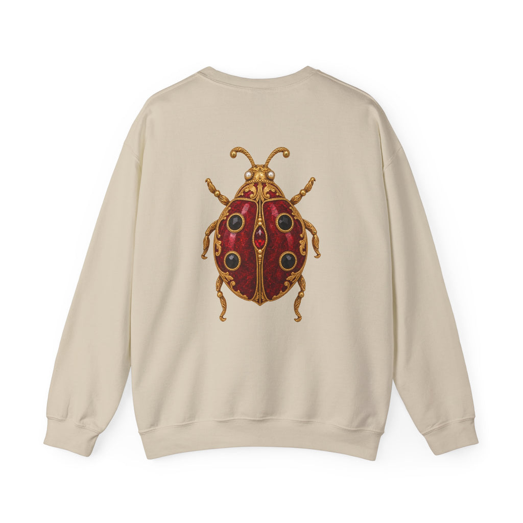 January birthstone sweatshirt with jeweled garnet ladybug brooch art and personalized monogram, view 2