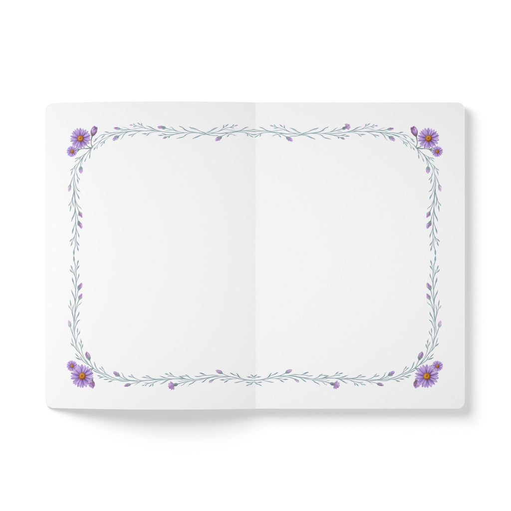 September birth flower journal with purple aster oil painting art and lace border on a teal cover, view 6