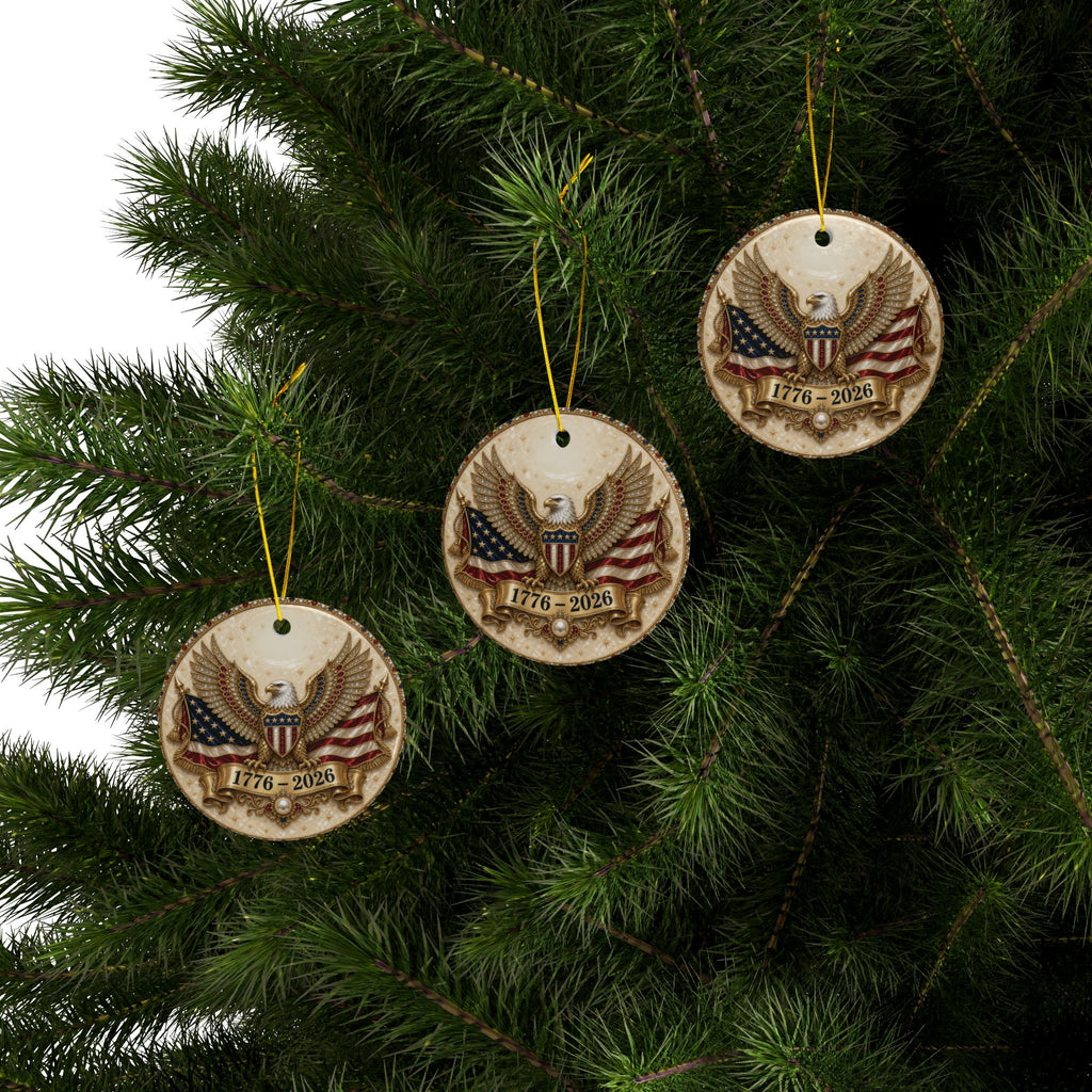 America 250 Ornament 1776 2026, Jeweled Gold Eagle and Flag Christmas Ornament, Ivory Patriotic Ceramic Ornament, 250th Anniversary Gift
