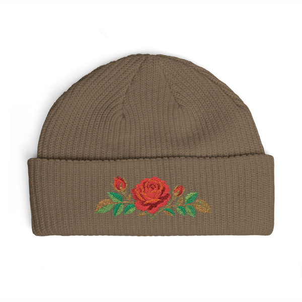 Cuffed knit beanie embroidered with the rose, June birth flower