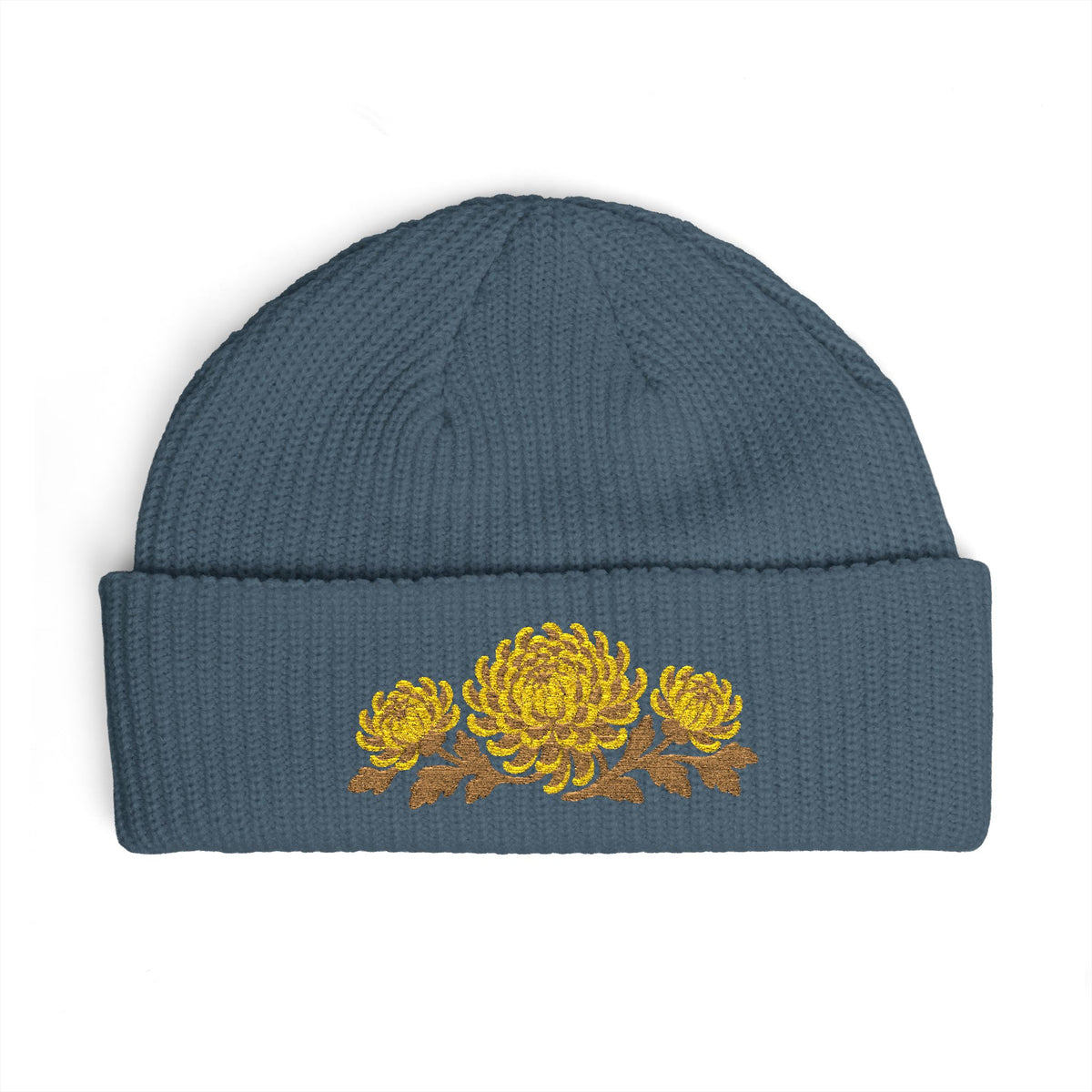 Cuffed knit beanie embroidered with the chrysanthemum, November birth flower, view 6