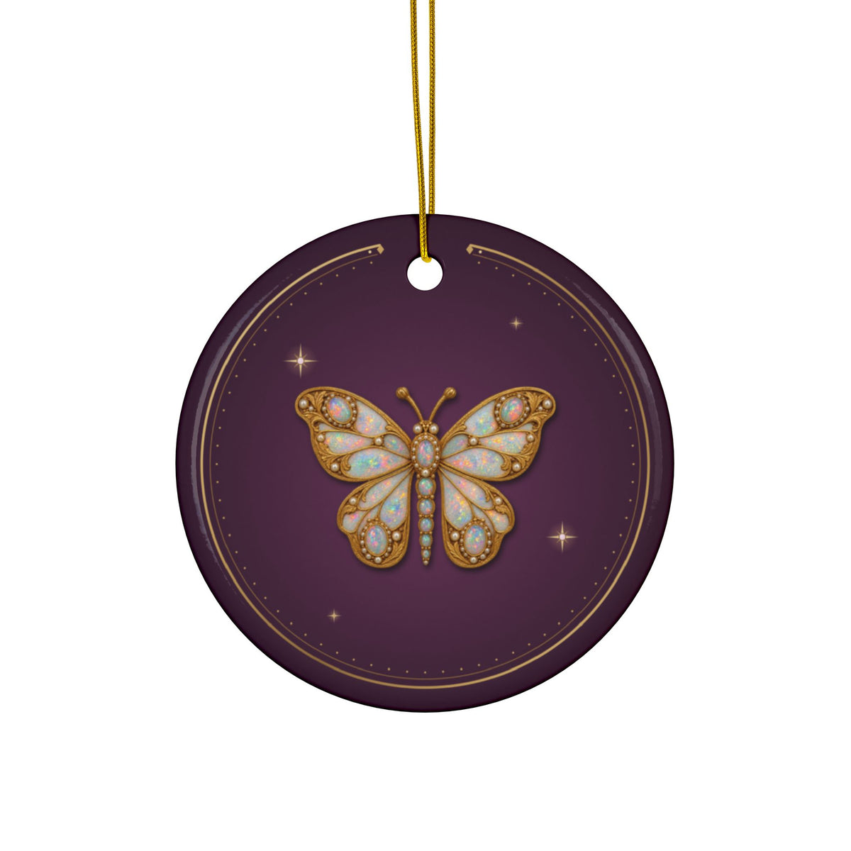Personalized ceramic Christmas ornament with jeweled opal butterfly, October birthstone, view 2