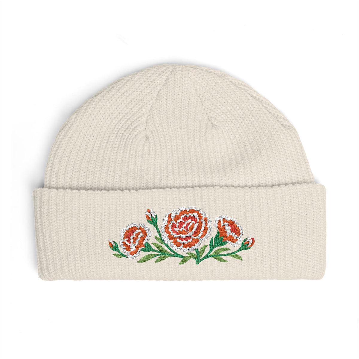 Cuffed knit beanie embroidered with the carnation, January birth flower, view 3
