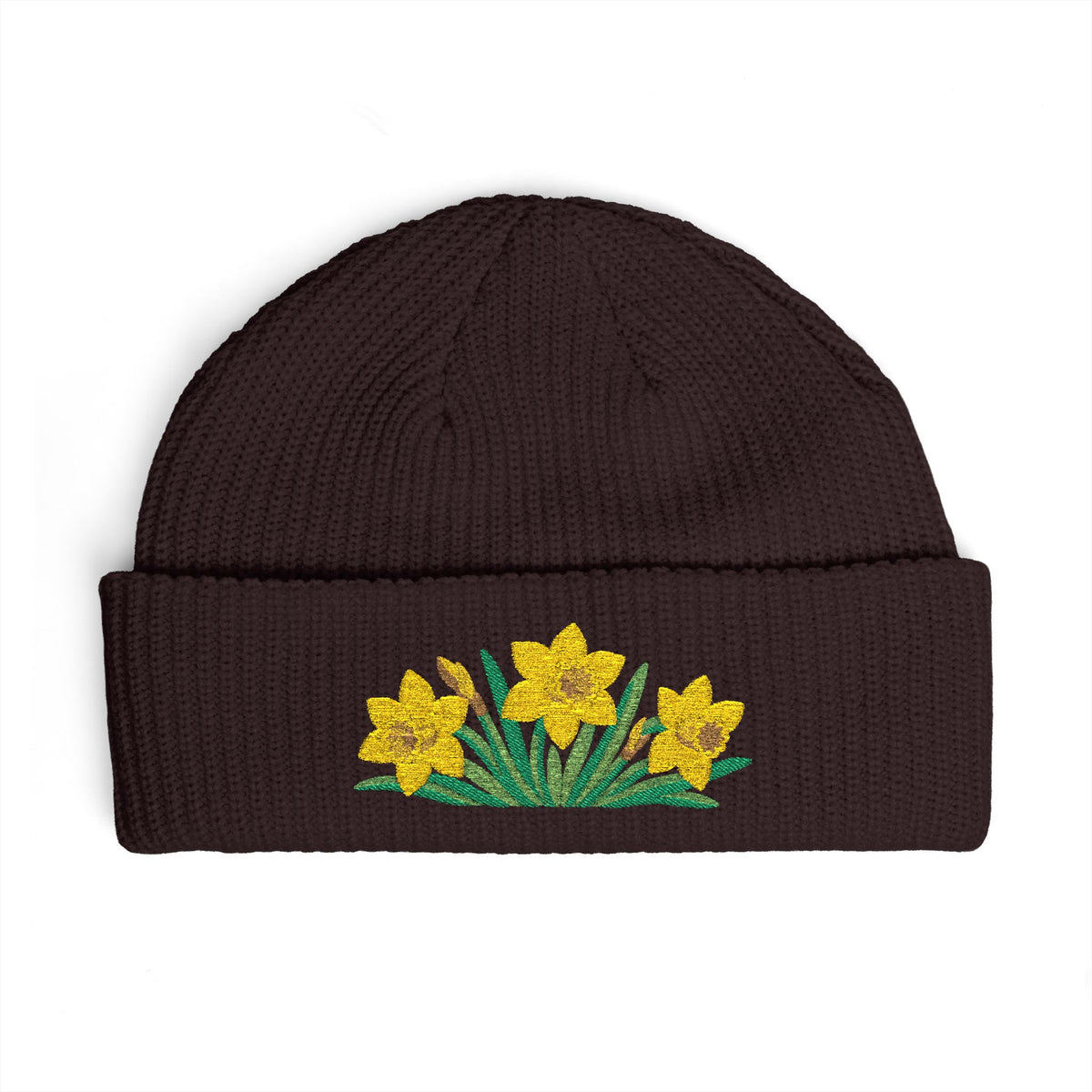 Cuffed knit beanie embroidered with the daffodil, March birth flower, view 8
