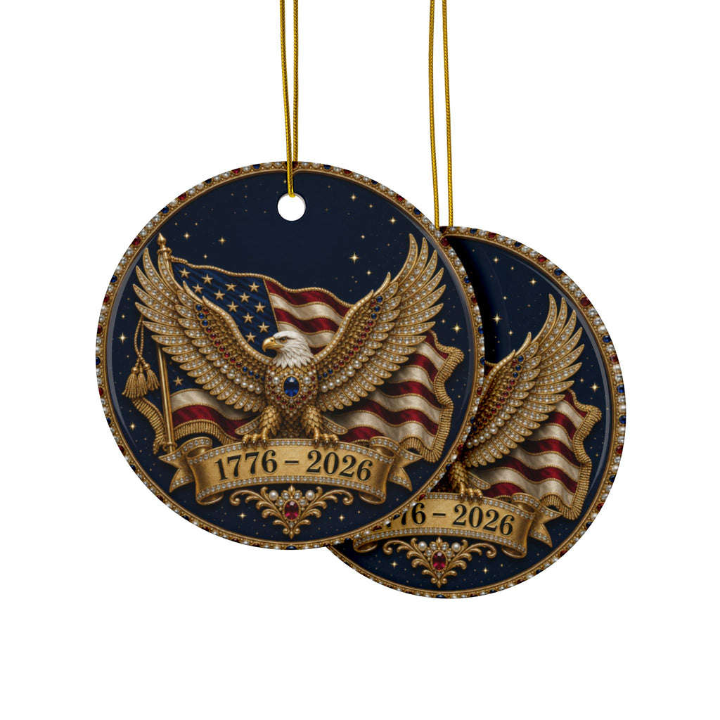 America 250 Ornament 1776 2026, Jeweled Gold Eagle and Flag Christmas Ornament, Navy Patriotic Ceramic Ornament, 250th Anniversary Gift
