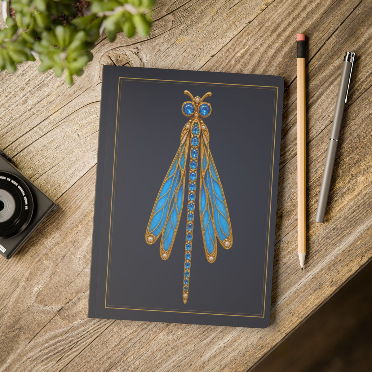 Jeweled blue topaz dragonfly journal with vintage brooch art on a navy cover, December birthstone gift, view 12