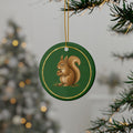 Squirrel Ornament, Woodland Creatures Christmas Ornament, Green and Gold Ceramic Ornament, Squirrel Gift
