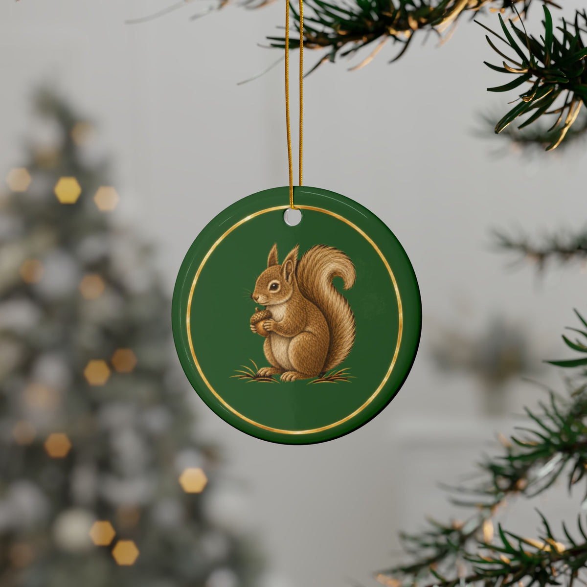 Squirrel Ornament, Woodland Creatures Christmas Ornament, Green and Gold Ceramic Ornament, Squirrel Gift