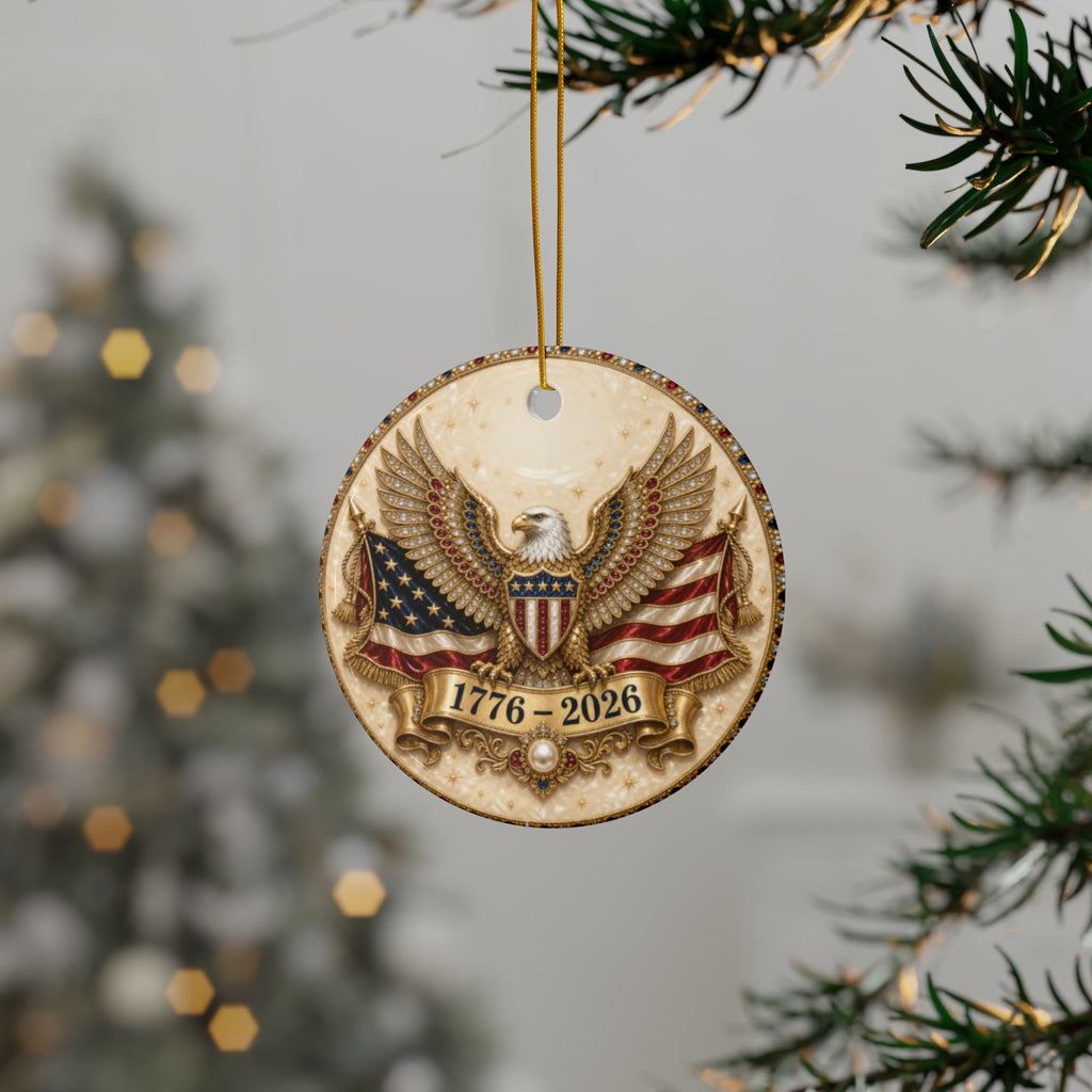 America 250 Ornament 1776 2026, Jeweled Gold Eagle and Flag Christmas Ornament, Ivory Patriotic Ceramic Ornament, 250th Anniversary Gift