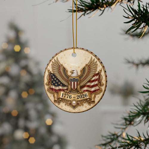America 250 Ornament 1776 2026, Jeweled Gold Eagle and Flag Christmas Ornament, Ivory Patriotic Ceramic Ornament, 250th Anniversary Gift