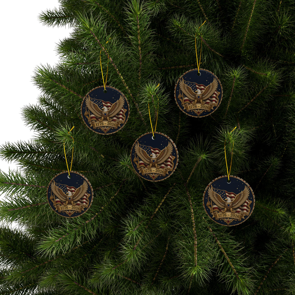 America 250 Ornament 1776 2026, Jeweled Gold Eagle and Flag Christmas Ornament, Navy Patriotic Ceramic Ornament, 250th Anniversary Gift