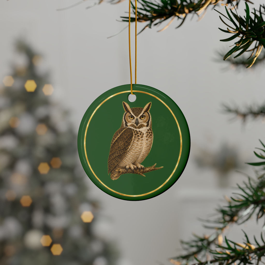 Owl Ornament, Woodland Creatures Christmas Ornament, Green and Gold Ceramic Ornament, Owl Lover Gift