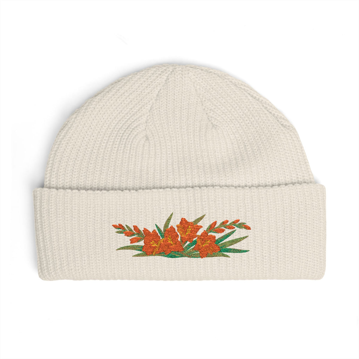 Cuffed knit beanie embroidered with the gladiolus, August birth flower, view 3
