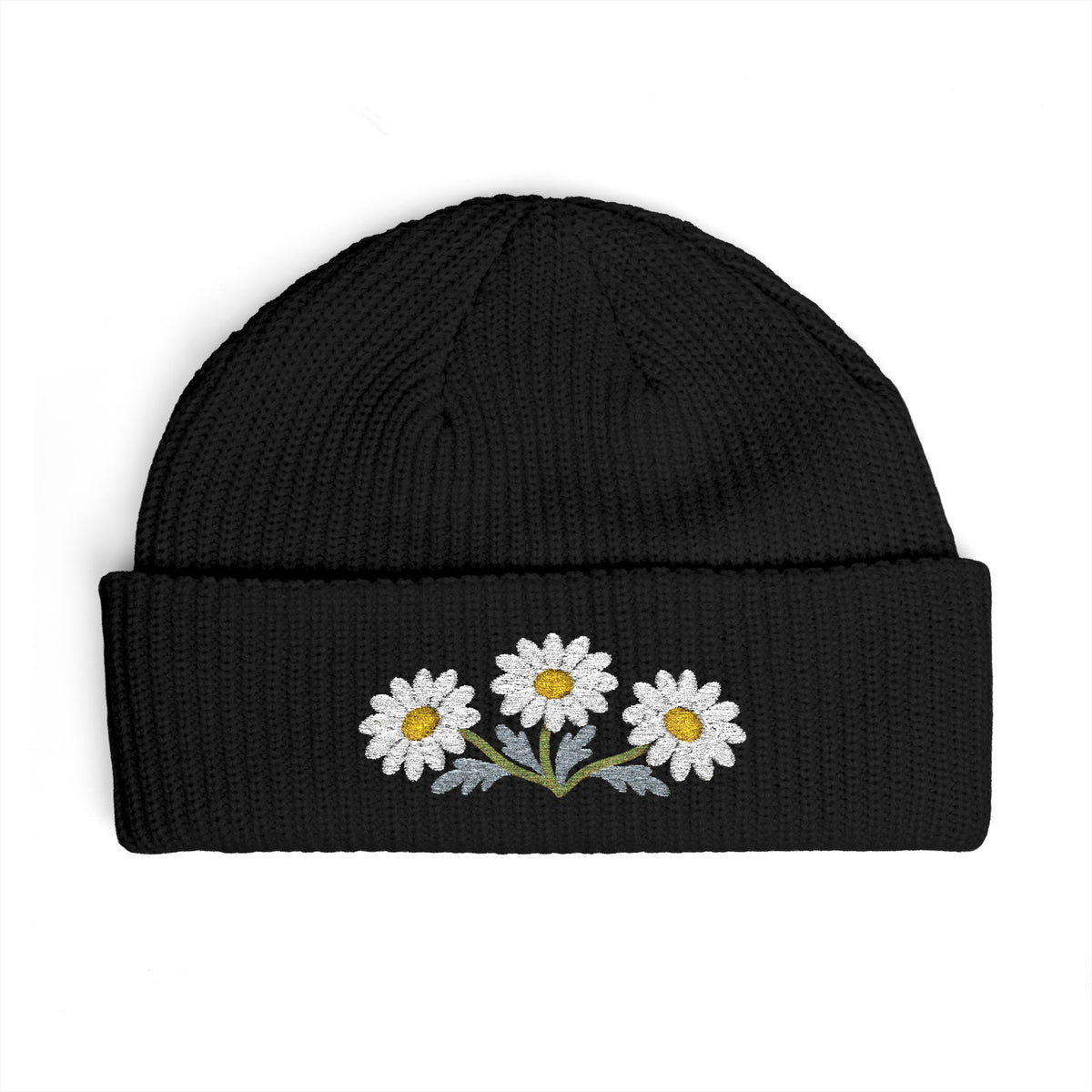 Cuffed knit beanie embroidered with the daisy, April birth flower, view 2