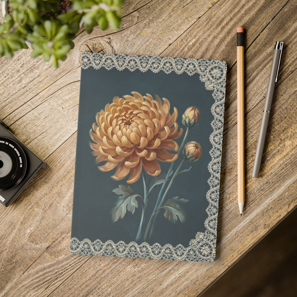 November birth flower journal with golden chrysanthemum oil painting art and lace border on a teal cover, view 11