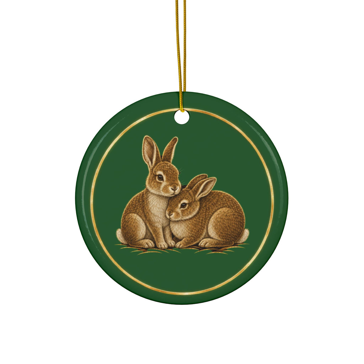 Rabbits Ornament, Woodland Creatures Christmas Ornament, Green and Gold Ceramic Ornament, Couples Gift