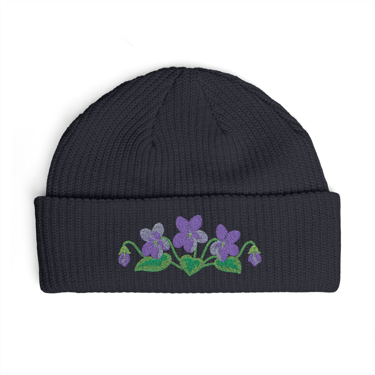 Cuffed knit beanie embroidered with the violet, February birth flower, view 7