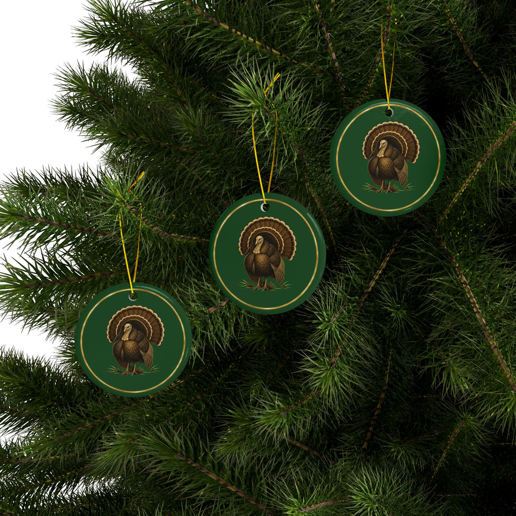 Turkey Ornament, Woodland Creatures Christmas Ornament, Green and Gold Ceramic Ornament, Turkey Hunter Gift