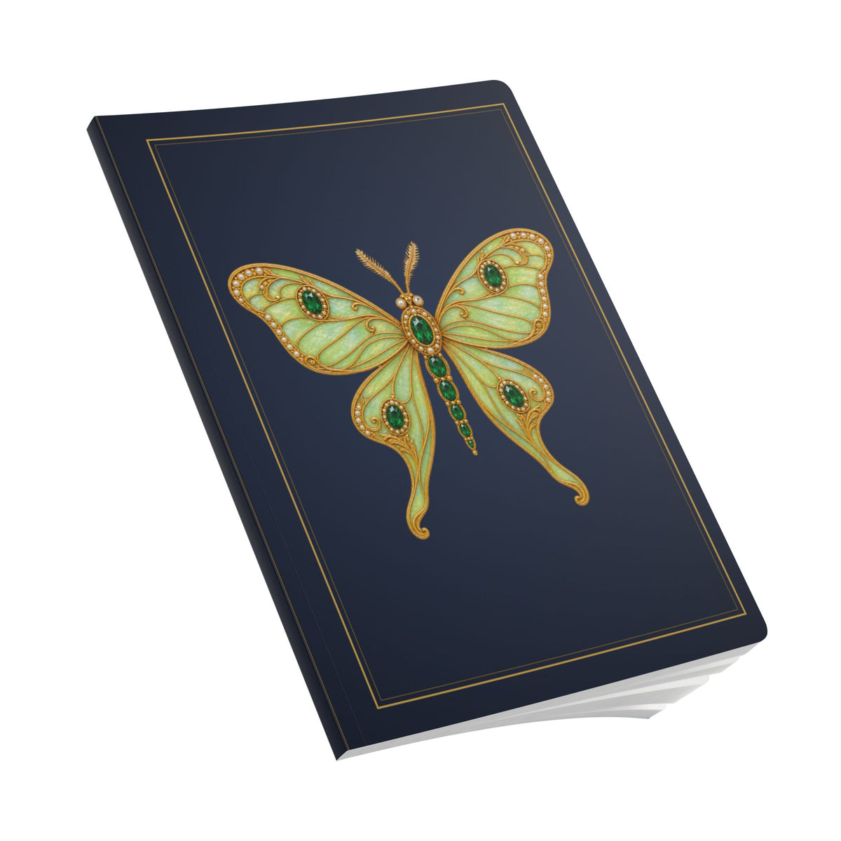 Jeweled emerald luna moth journal with vintage brooch art on a navy cover, May birthstone gift, view 9