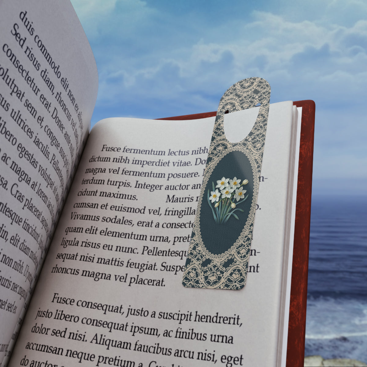 Metal bookmark with paperwhite narcissus, the December birth flower, in vintage lace floral art, view 2