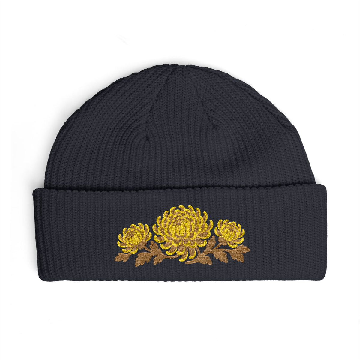 Cuffed knit beanie embroidered with the chrysanthemum, November birth flower, view 7