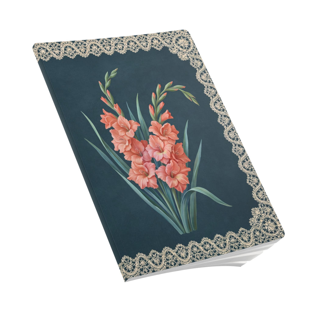 August birth flower journal with coral gladiolus oil painting art and lace border on a teal cover, view 9