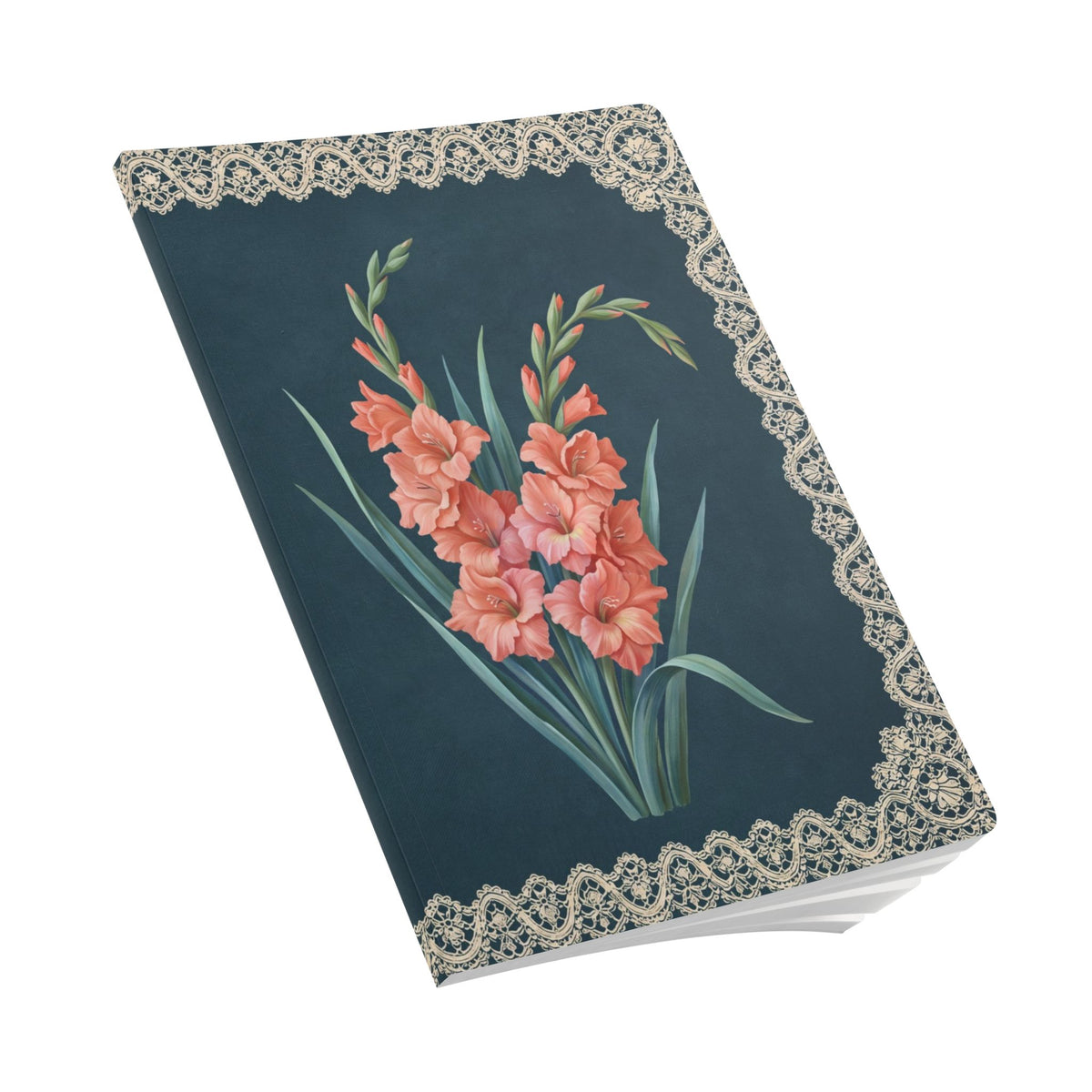 August birth flower journal with coral gladiolus oil painting art and lace border on a teal cover, view 9