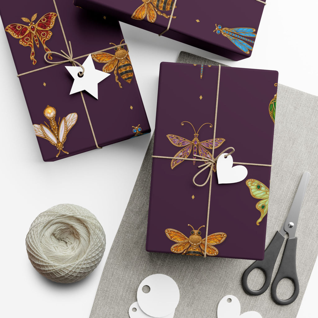 Jeweled Insect Wrapping Paper, Deep Plum Gift Wrap, Vintage Brooch Bug Pattern, Luxe Holiday & Bridal Shower Wrap