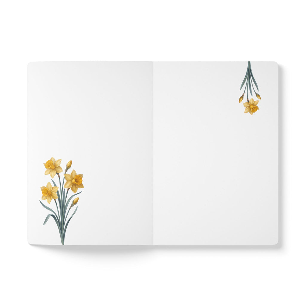 March birth flower journal with yellow daffodil oil painting art and lace border on a teal cover, view 5