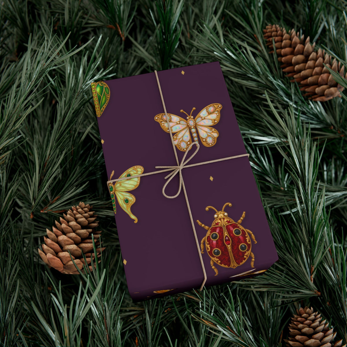 Jeweled Insect Wrapping Paper, Deep Plum Gift Wrap, Vintage Brooch Bug Pattern, Luxe Holiday & Bridal Shower Wrap