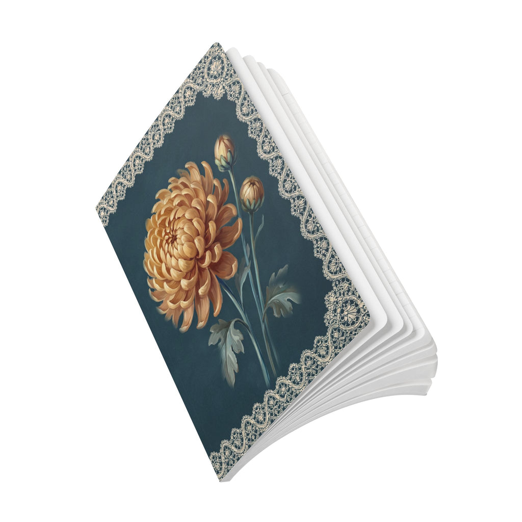 November birth flower journal with golden chrysanthemum oil painting art and lace border on a teal cover, view 10