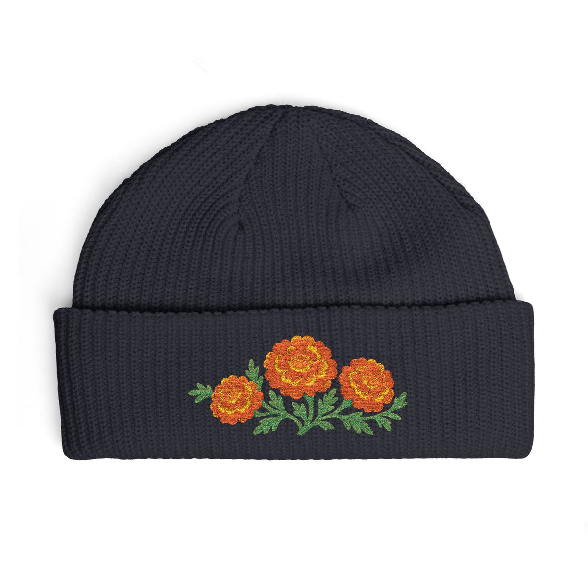 Cuffed knit beanie embroidered with the marigold, October birth flower, view 8