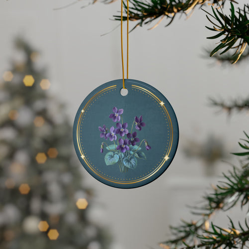 Personalized ceramic Christmas ornament with purple violet, the February birth flower, view 2