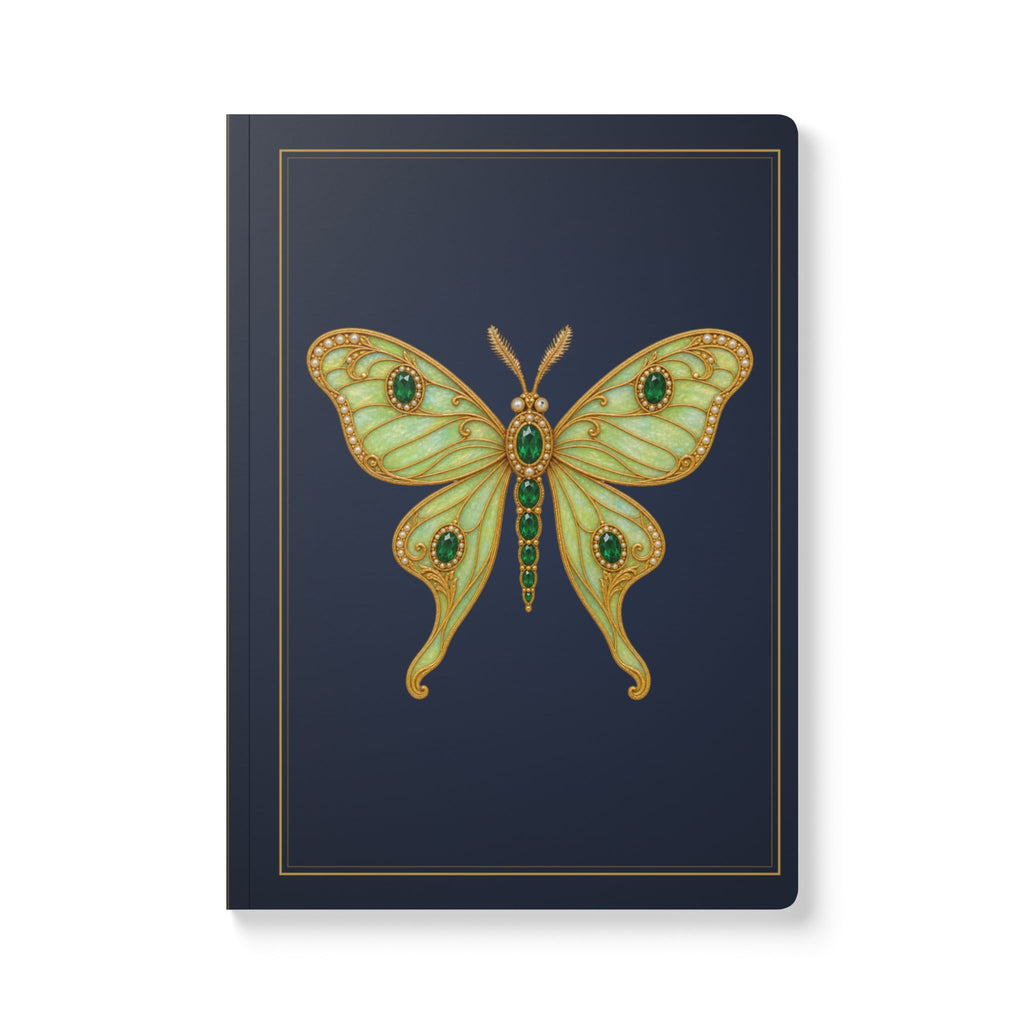 Jeweled emerald luna moth journal with vintage brooch art on a navy cover, May birthstone gift, view 2