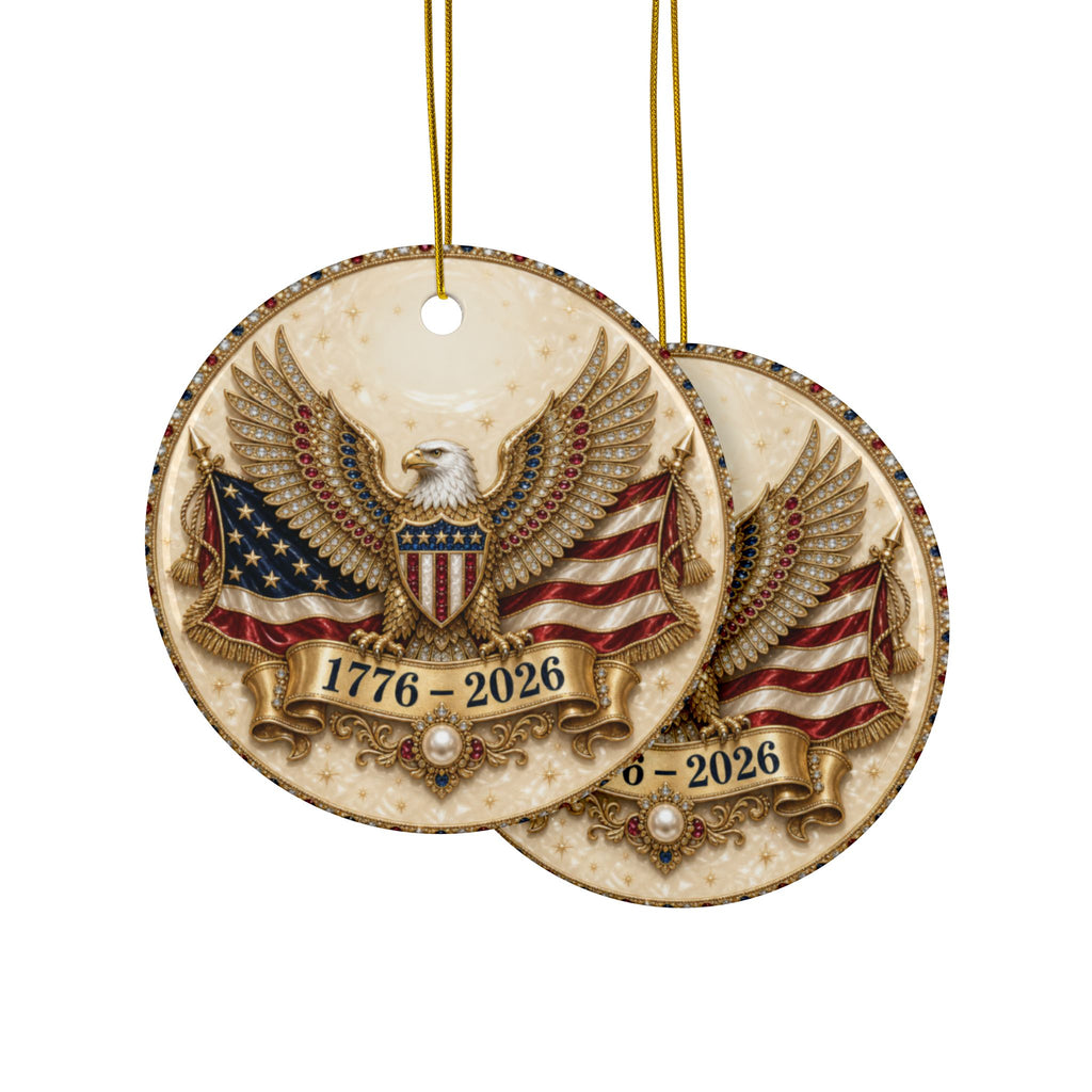 America 250 Ornament 1776 2026, Jeweled Gold Eagle and Flag Christmas Ornament, Ivory Patriotic Ceramic Ornament, 250th Anniversary Gift
