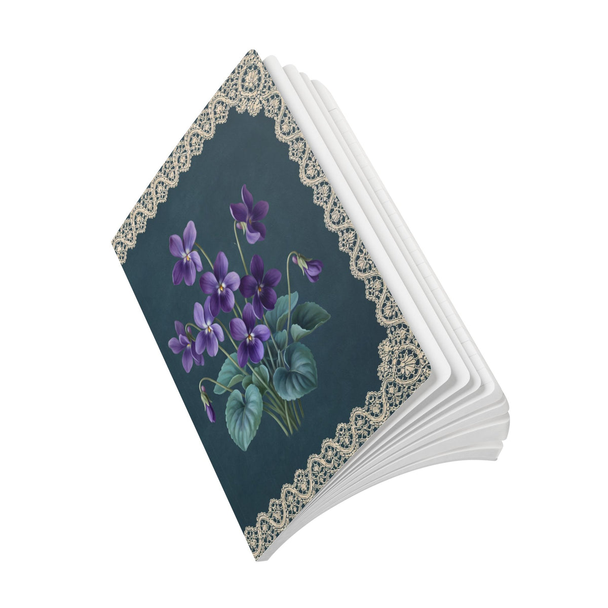 February birth flower journal with purple violet oil painting art and lace border on a teal cover, view 10
