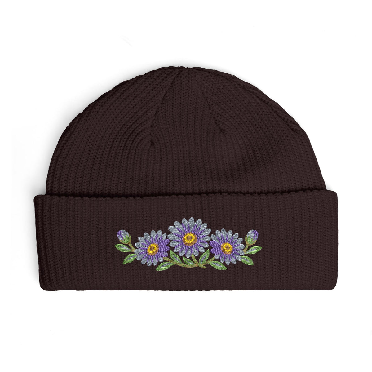 Cuffed knit beanie embroidered with the aster, September birth flower, view 8