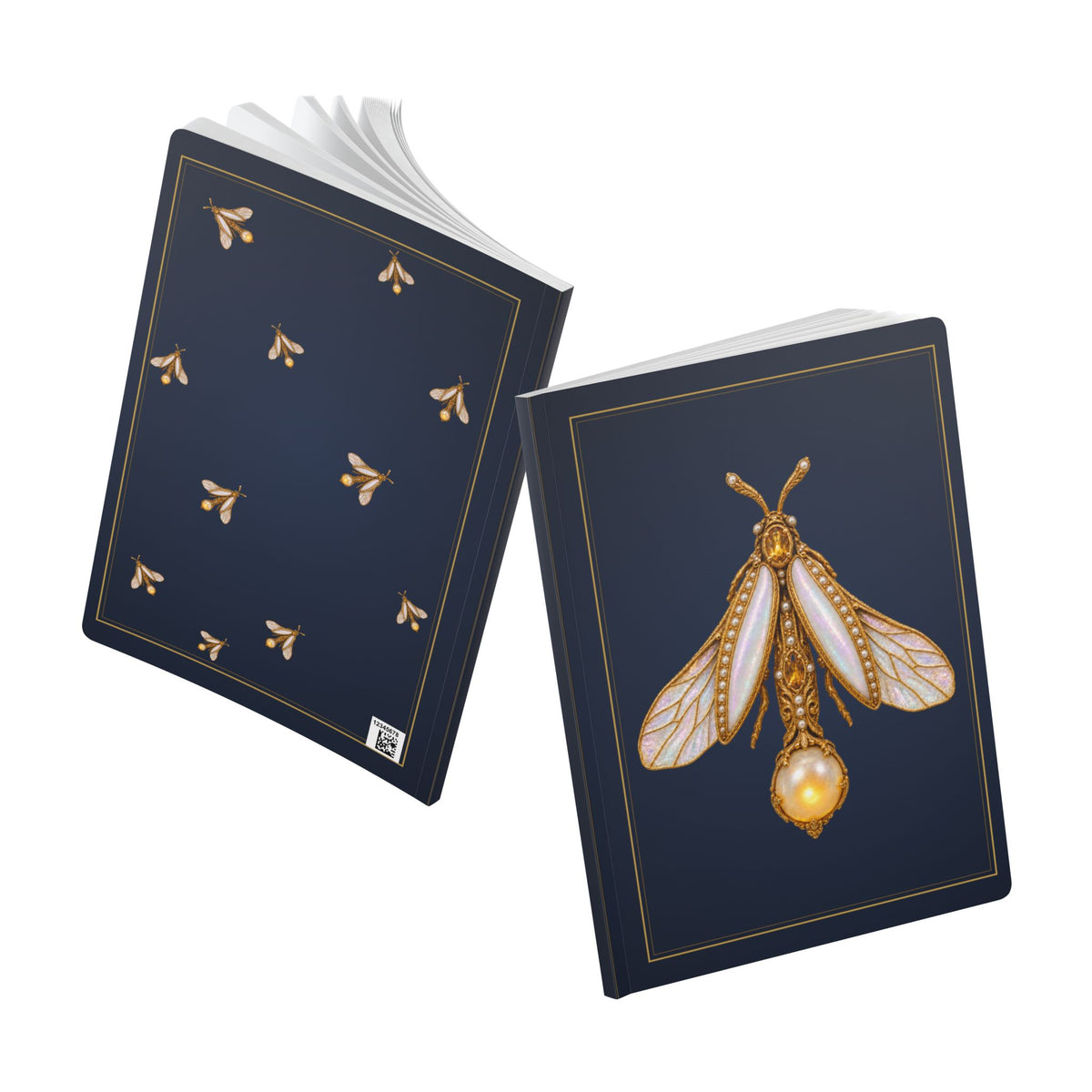 Jeweled pearl firefly journal with vintage brooch art on a navy cover, June birthstone gift