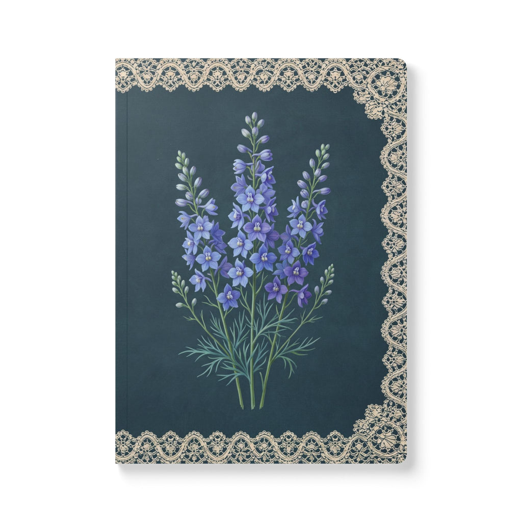 July birth flower journal with blue larkspur oil painting art and lace border on a teal cover, view 2